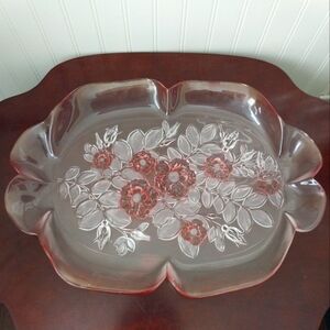 Vintage Mikasa Rosella Walther Crystal Pink Rose Floral Glass Platter Like New